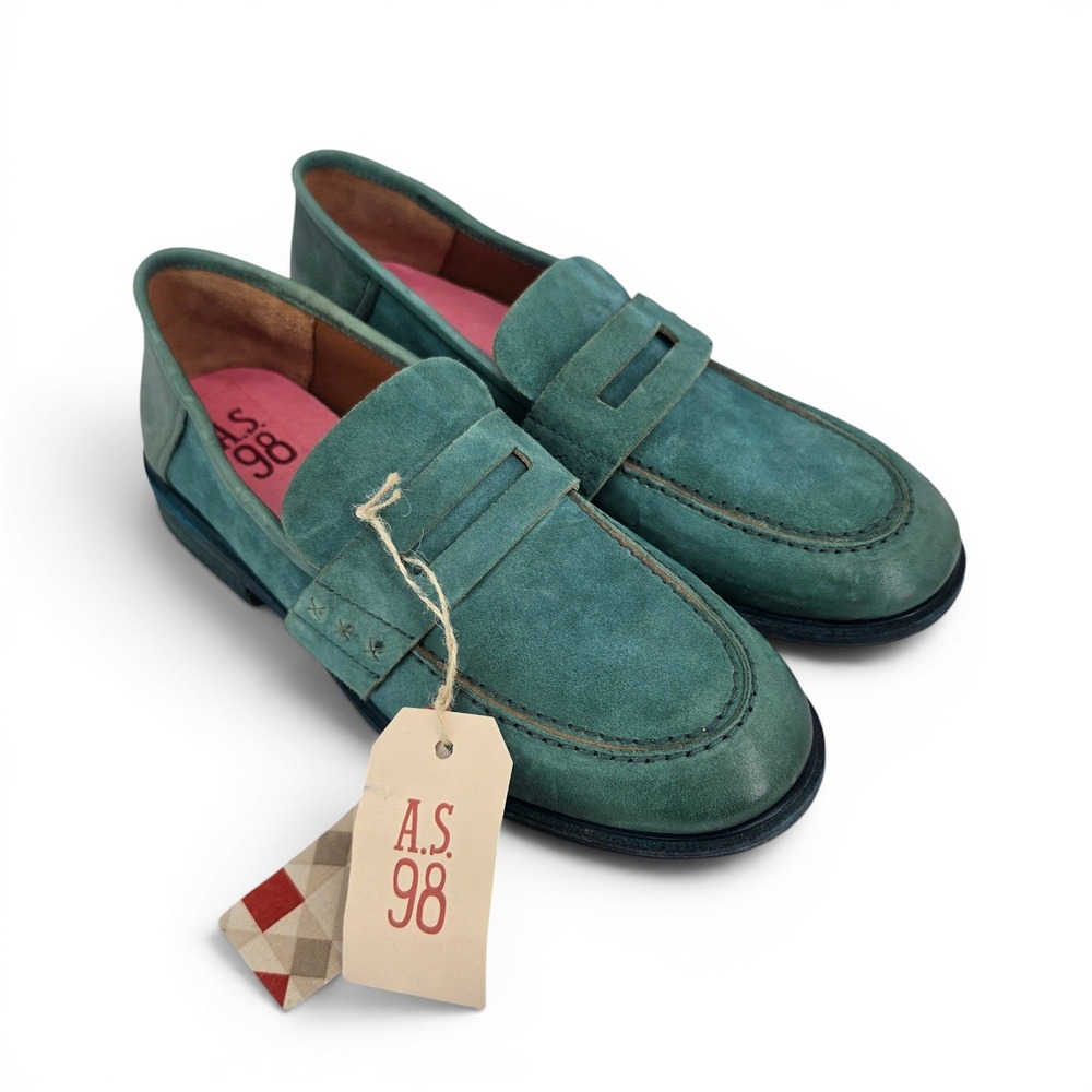 A.S.98 Womens EU 41 Teal Suede‎ Penny Loafers Italian Leather Boho Luxe Artisan